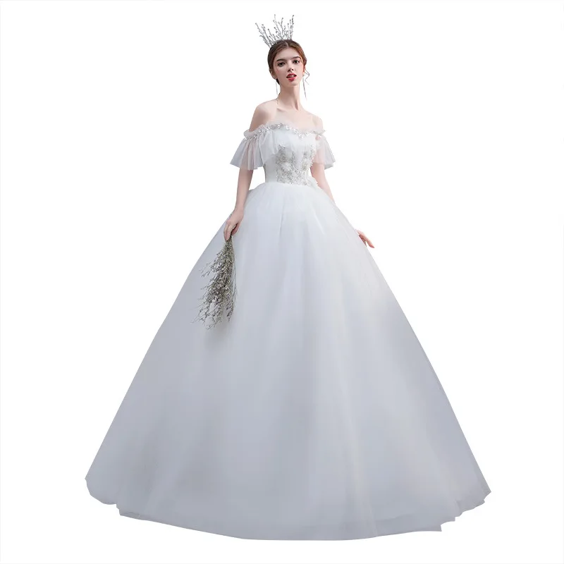

Wedding Dress 2021 New Elegant Boat Neck Puff Sleeve Wedding Gowns Sequins Applique Slim Bride Dress Plus Size Vestido De Noiva
