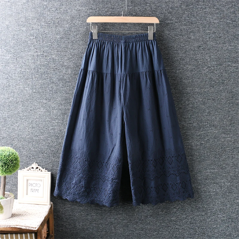 

5 Ccolors-- 2021 Spring Summer New Gemetric Hollow Out Embroidery Cotton Wide Leg Pants Mori Girl