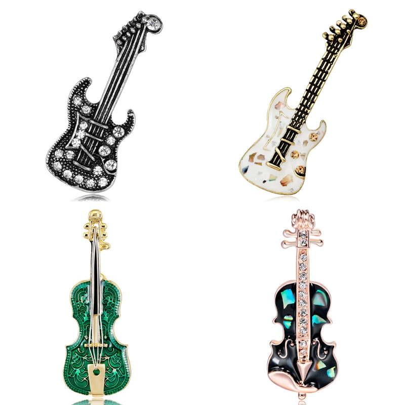

Vintage Guitar Violin Brooches for Women and Men Suit Rhinestone Jewelry Shell Enamel Pins of Couple's Clothes Accessories Gifts