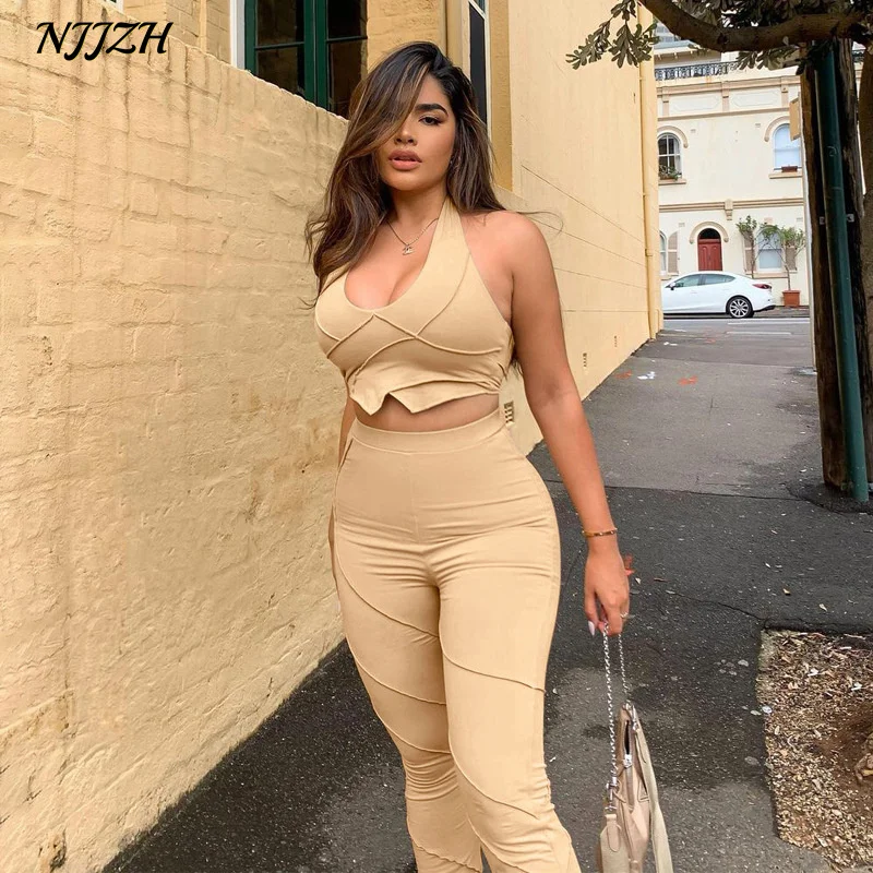 

NJJZH 2022 winter spring Women Fashion Solid Casual Women crewneck Sleeveless Halter Backless temperament Slim Skinny Pants Sets