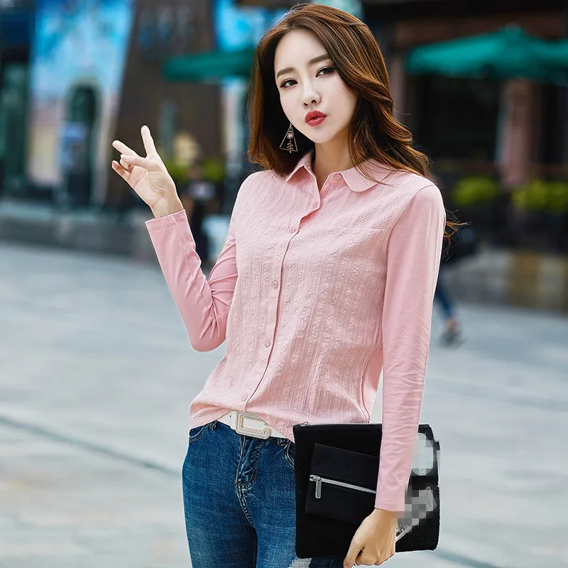 

New 2021 Spring Autumn Solid Plus Size 3XL Slim Fit Cotton Women Dress Shirts Long Sleeve Ladies Casual Shirt Pink Blouse AF0003