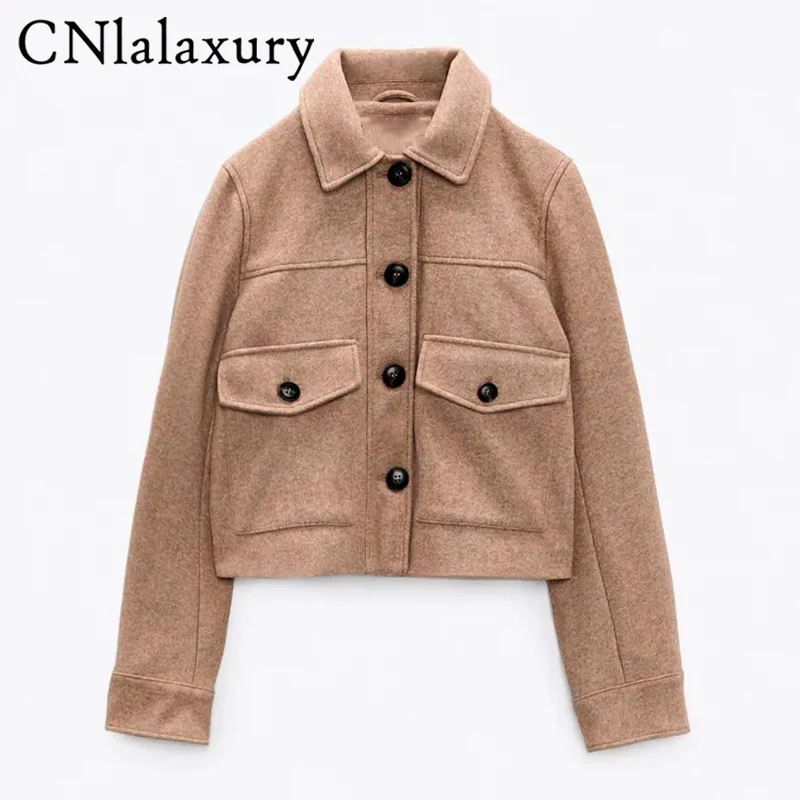 

CNlalaxury New High Street Women Woolen Short Jacket Coat 2022 Autumn Vintage Lapel High Waist Loose Elegant Female Outwear