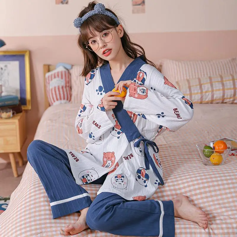 Women Pajamas Set Long Sleeve Cotton Nightgown Knitted Cotton Casual and Comfortable Pajamas 2 Pieces Sleepwear Home Clothes