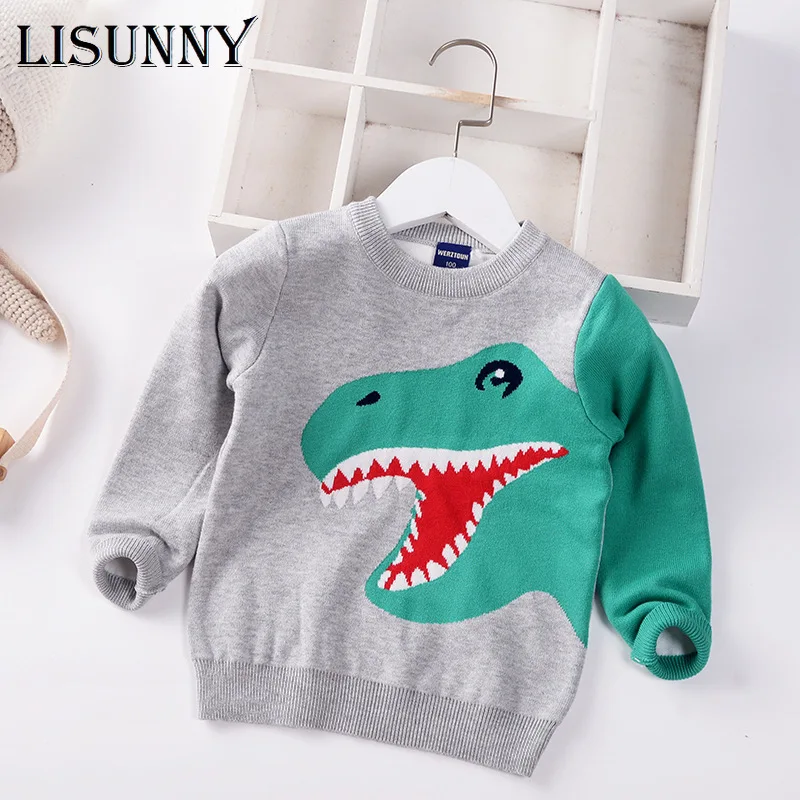 

Детский свитер для мальчиков, вязаный пуловер, новинка 2022, осенне-зимняя детская одежда, мультяшный динозавр, хлопковые свитера для малышей