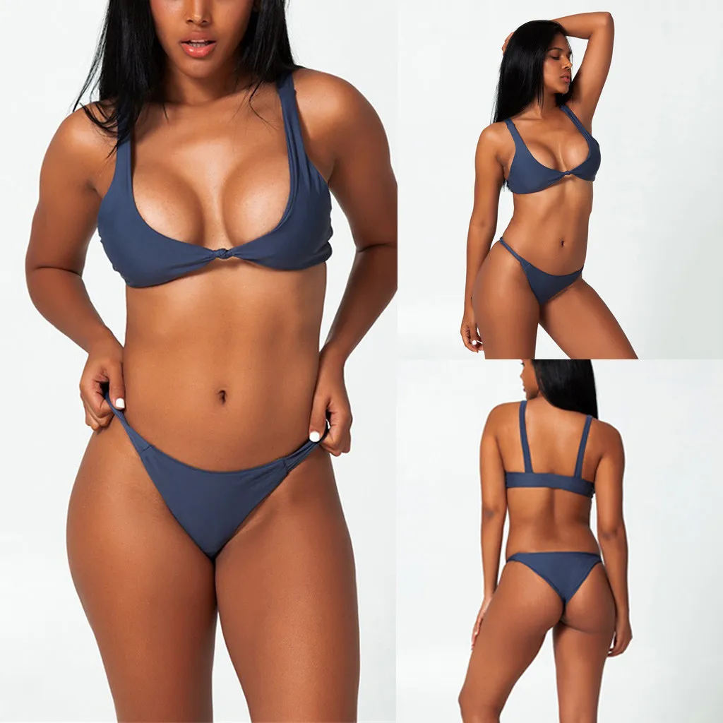 Купальник женский однотонный с завязками спереди пикантный комплект бикини