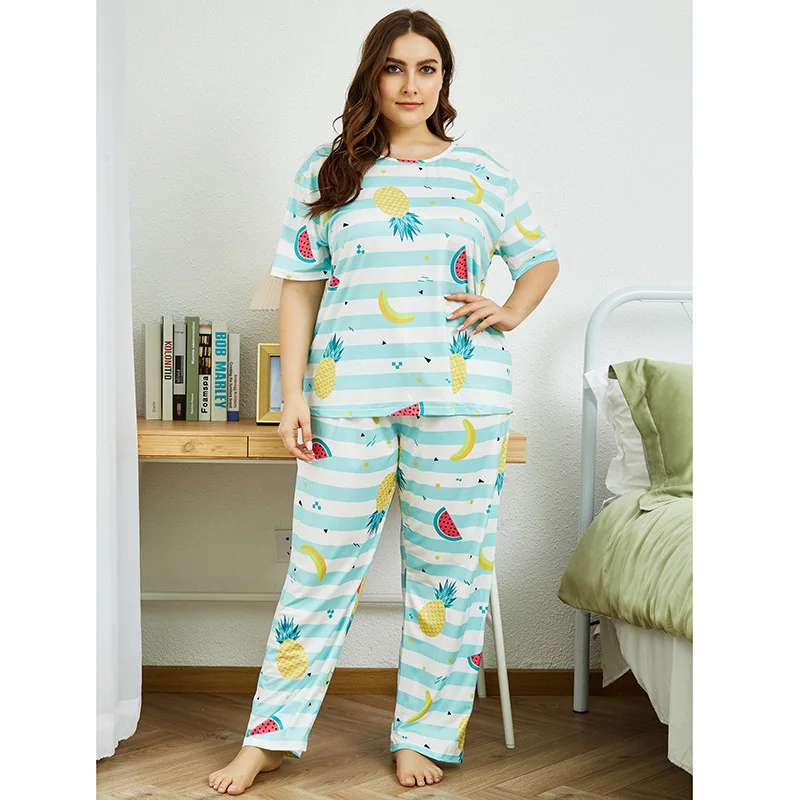 

Women's printed pajamas Two-piece suit for women green home wear casual outfit Short sleeve suit Plus size loose pajamas suit