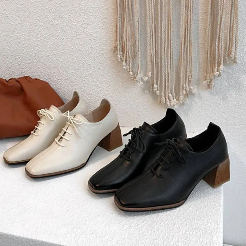 

RIZABINA Women Pumps Spring Fashion Genuine Leather Square Toe Vintage Shoes Women High Heels Casual Party Footwear Size 32-43