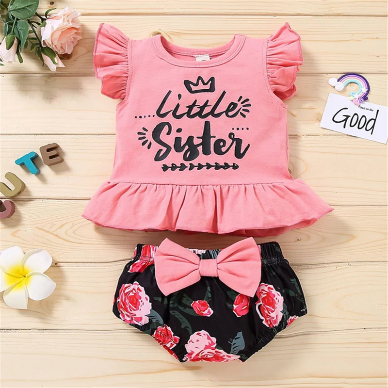 

2pcs 0-12Months Newborn Girls Cotton Clothes,Children Girls Ruffle Sleeve Letter Print Tops+Floral Bloomers Summer Clothing Set