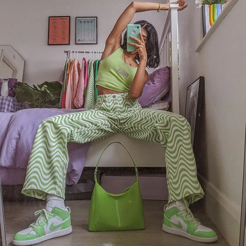 

Pants For Women Y2K Wave Stripe Print Hight Waist Straight-leg Pants Summer New 90s Streetwear E-girl Outfits Long Pants