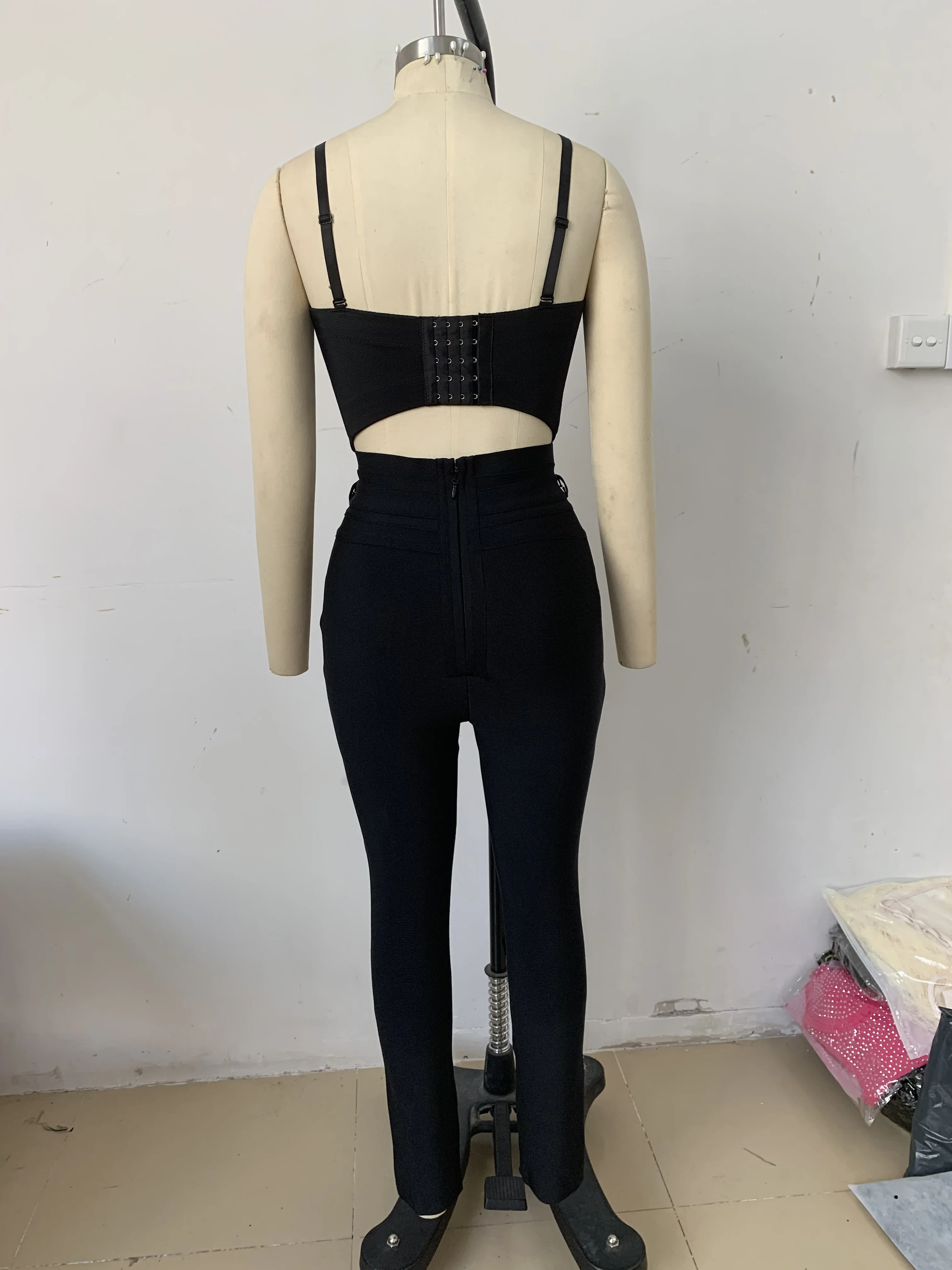 High Quality Woman Bandage Sexy Two Pieces Bodycon Set Shinny Beading Top Long Bandage Pants Elegant Black Women's Set