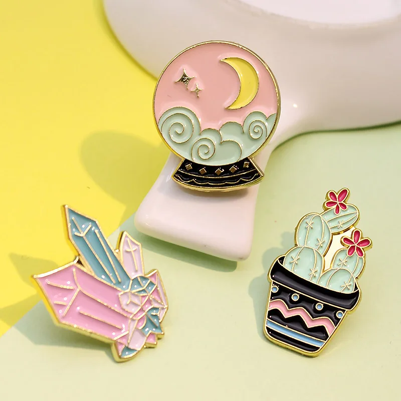 Cactus Succulent plants Enamel Brooch stars moon auspicious clouds Glass ball Lapel Pin Pink blue crystal badge Gifts | Украшения и