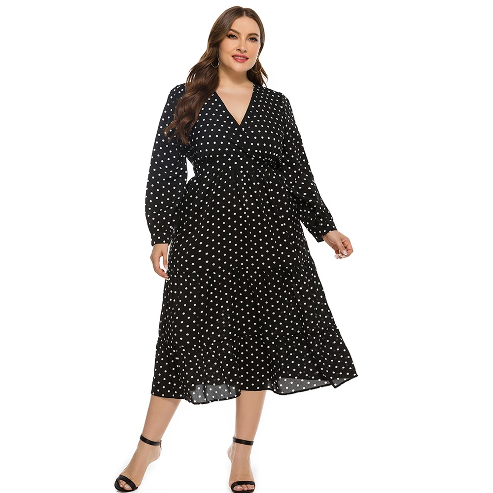 Женское шифоновое платье макси длинное с V-образным вырезом и принтом в горошек