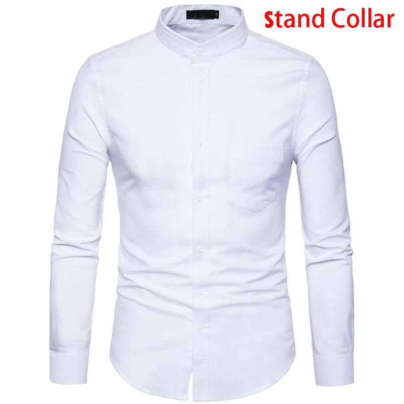 White Stand Collar Оксфордская Хлопковая мужская рубашка, весна, повседневная приталенная Мужская рубашка со стоячим воротником, одноцветная рубашка с длинным рукавом для мужчин, армейский зеленый цвет - Цвет: White Stand Collar