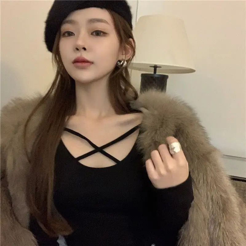 

Однотонная женская футболка с длинным рукавом, сезон весна-осень 2021, корейская мода, темпераментная пикантная приталенная универсальная од...