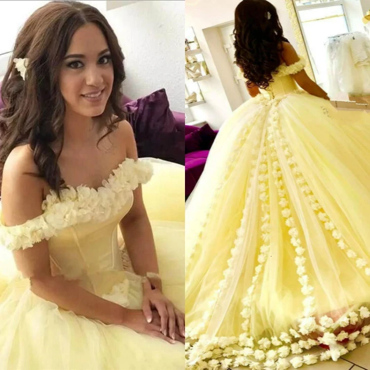 

Elegant Yellow Quinceanera Dresses Off The Shoulder 3D Floral Appliques Ball Gowns New Arrival Sweet 16 Dress Cheap Prom