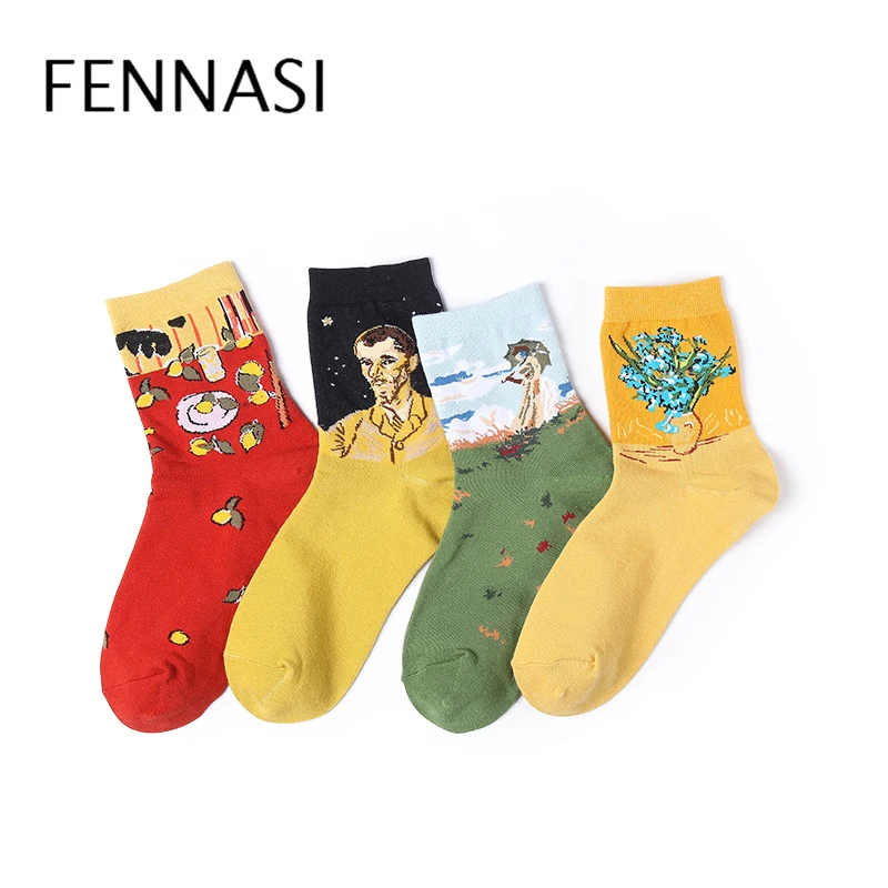 

Мужские и женские повседневные хлопковые носки FENNASI, дышащие мягкие носки с индивидуальным рисунком, носки средней длины для лета и осени