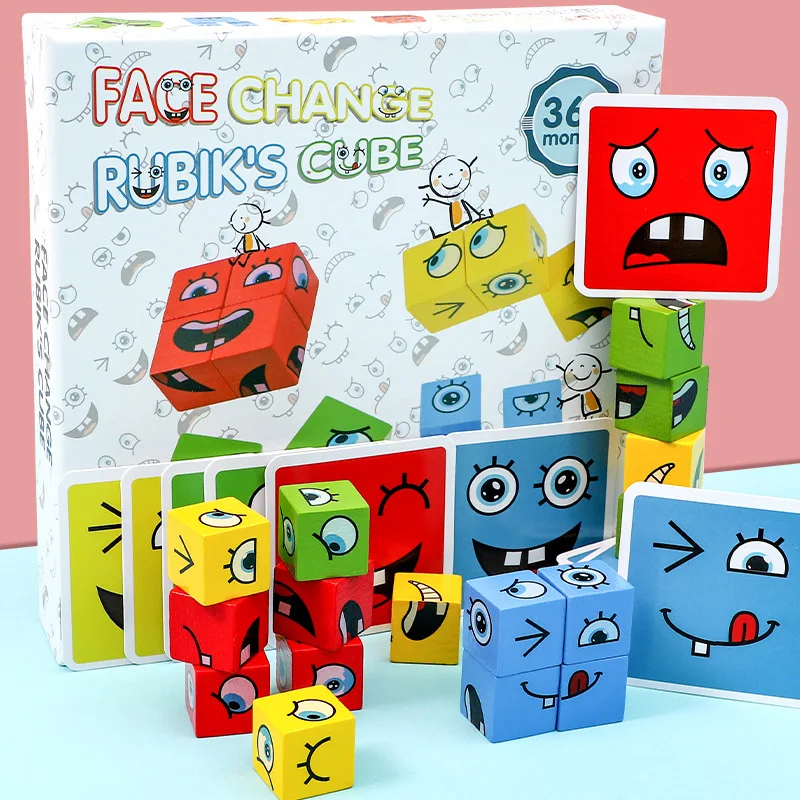 Bloques de construcci&oacute;n de cubo que cambian la cara, juego de mesa de dibujos animados, rompecabezas Montessori, juego de nivel de madera, desaf&iacute;o para pensar, juguetes para ni&ntilde;os-3