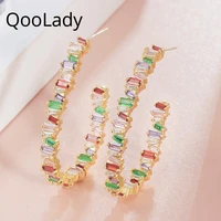 qoolady 2019 new fashion rainbow color cubic zirconia stone oversized hoops on earrings for women jewelry accessories e006