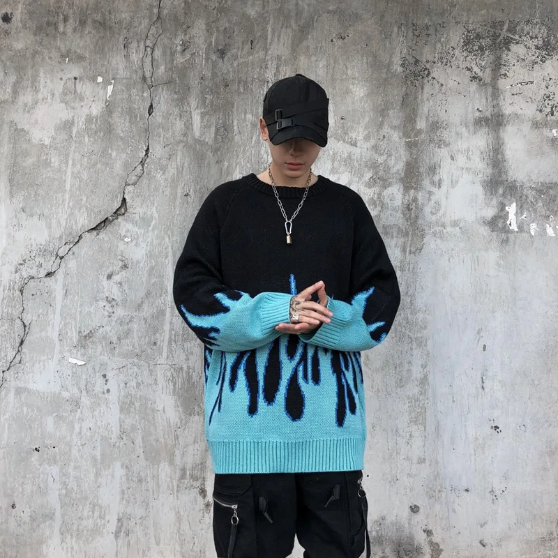 

Sweater Men's Loose Knitted Flame Pattern Men Women Hip Hop Streetwear O-Neck Pullover Oversize Casual Couple Unisex Red Blue