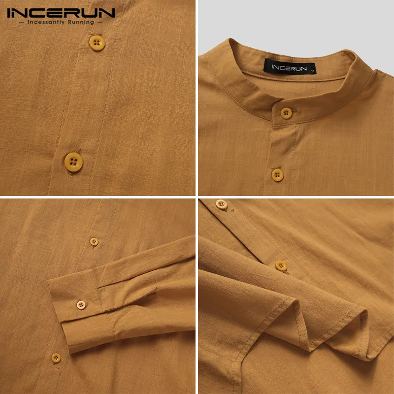 

Long Sleeve Stand Collar Blouse INCERUN Vintage Solid Color Men Shirts Spring Man Korean Button Camisa Casual Comfy Blusas 5XL 7