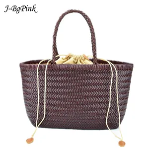 Женская тканая сумка на плечо из натуральной кожи в этническом стиле, повседневная тканая винтажная сумка для покупок, сумка-тоут из воловьей кожи