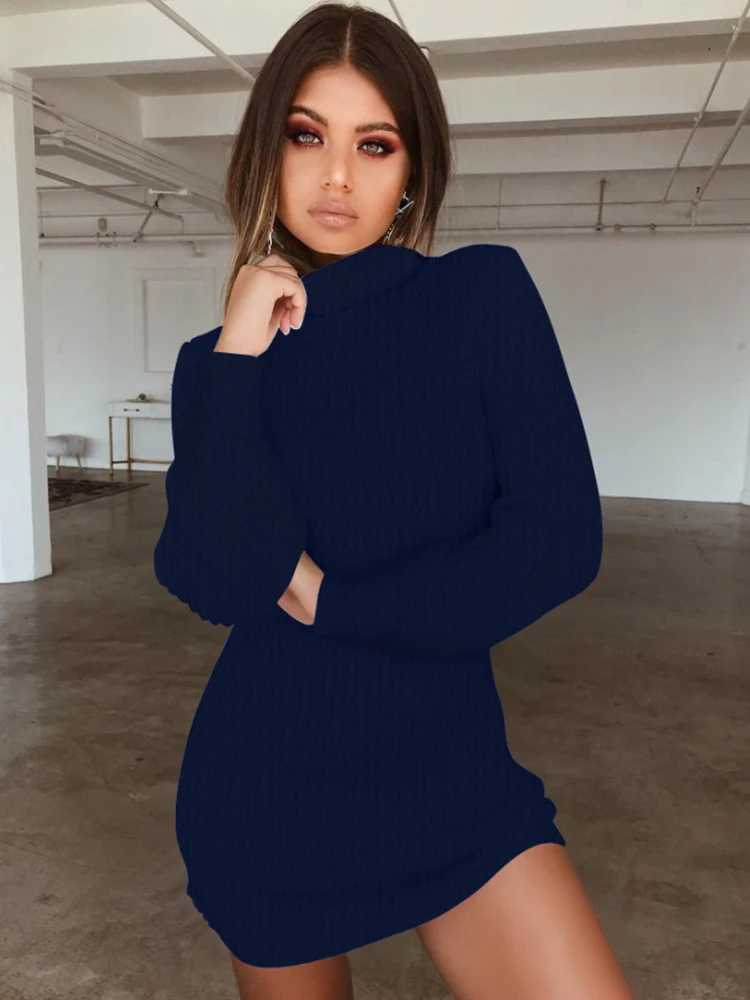 

Woman High Neck Long Sleeve Knitted Sweater Basic Base Dress Sexy Office Dress Pink Gray Warm Long Sweater Winter Sweater Dress