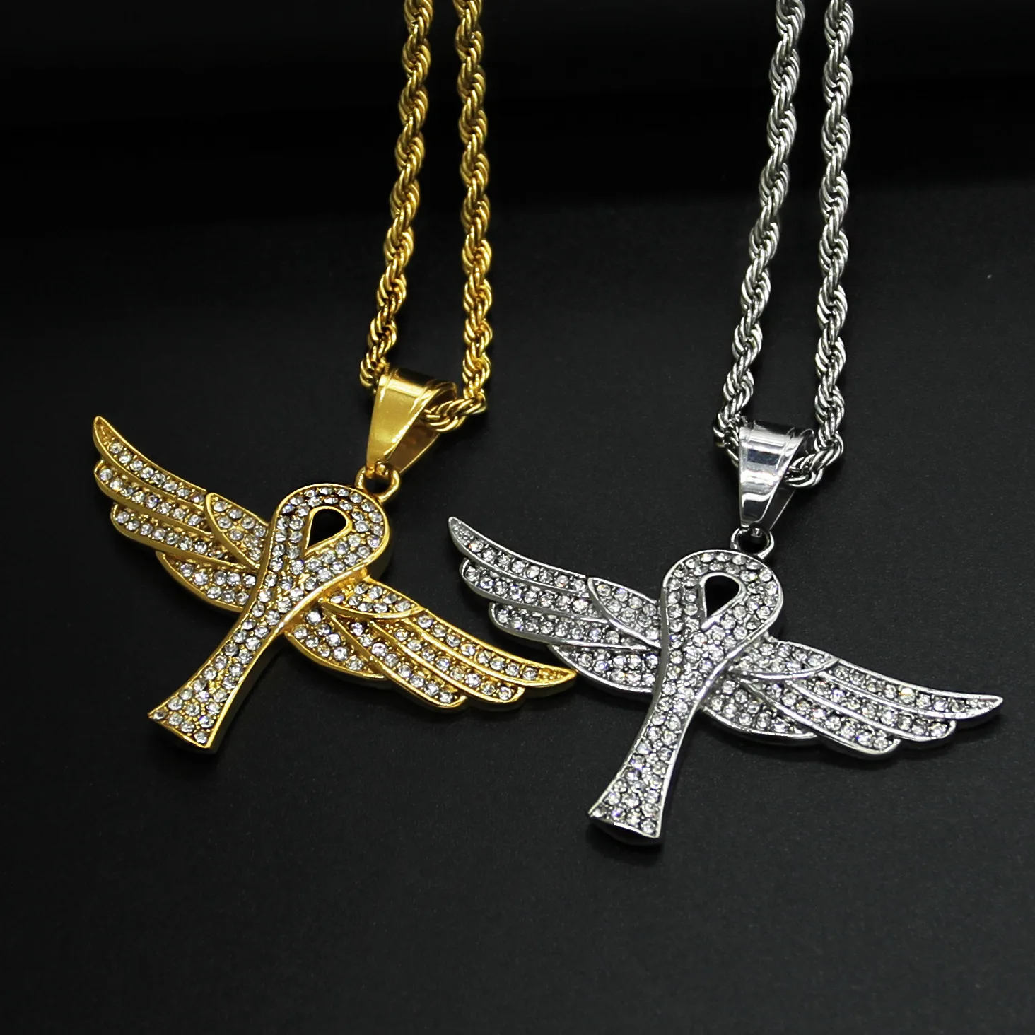 Купи Egyptian Wings Ankh Cross Necklaces Mens Women Hip Hop Pendant & Chain Iced Out Bling Stainless Steel Jewelry Dropshipping за 677 рублей в магазине AliExpress