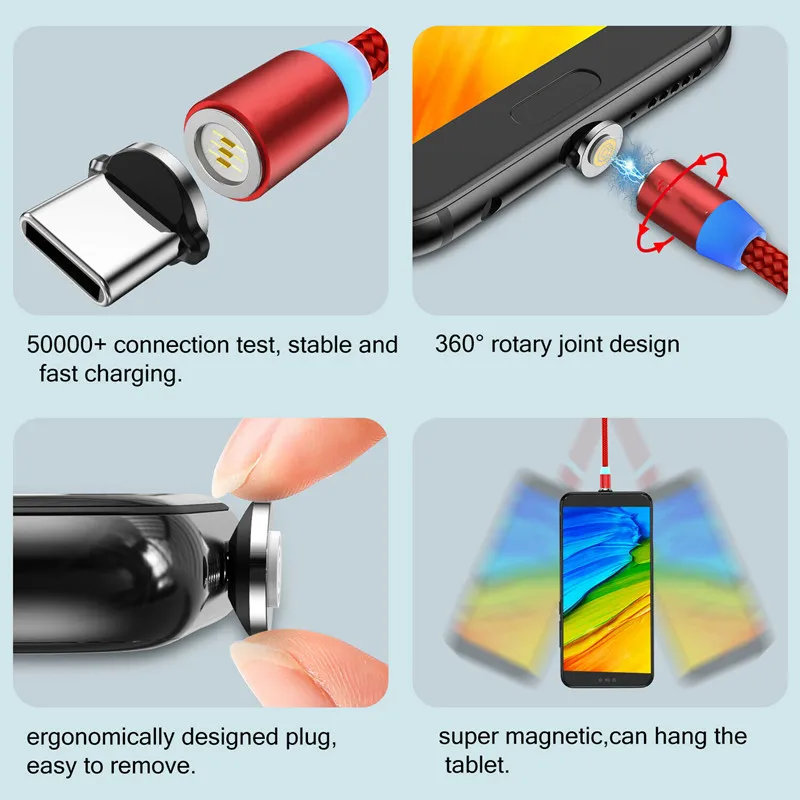 360 ° светодиодный кабель для быстрой зарядки Micro USB C type 3A Магнитный samsung Galaxy S8 S9 S10