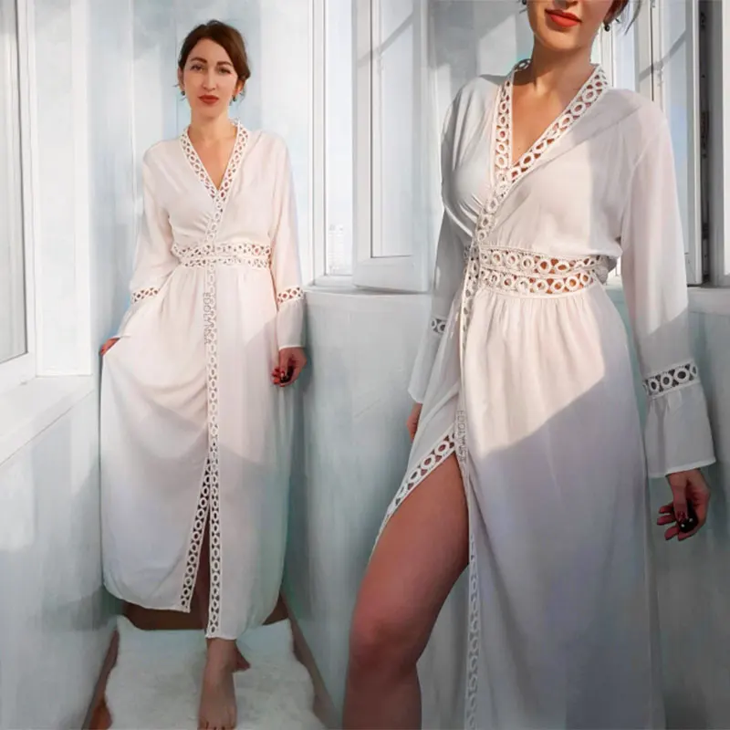 

2021 Bikini Cover-ups Kimono Cardigan Sexy Hollow Out Summer Dress White Tunic Women Beach Wear Swim Suit Cover Up