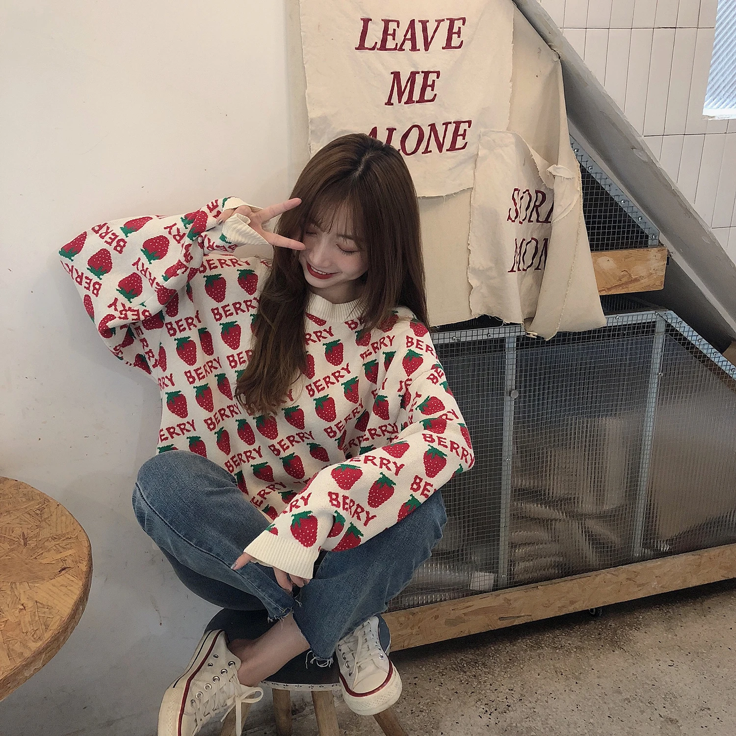 

Harajuku Fashion Oversize Knitted Long-sleeved Women Sweater Loose Lazy Style Pullover Sweater Strawberry Women's Sweater