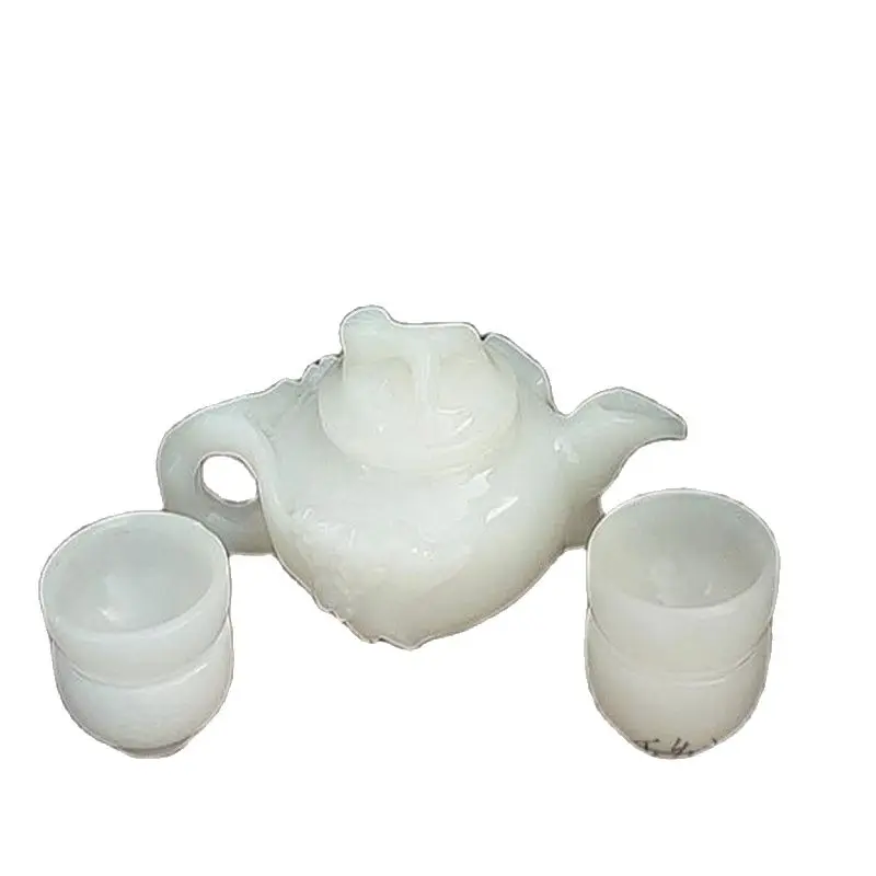 China Handmade Jade Carving Natural White Jade Kungfu Teapots And Bowls In China