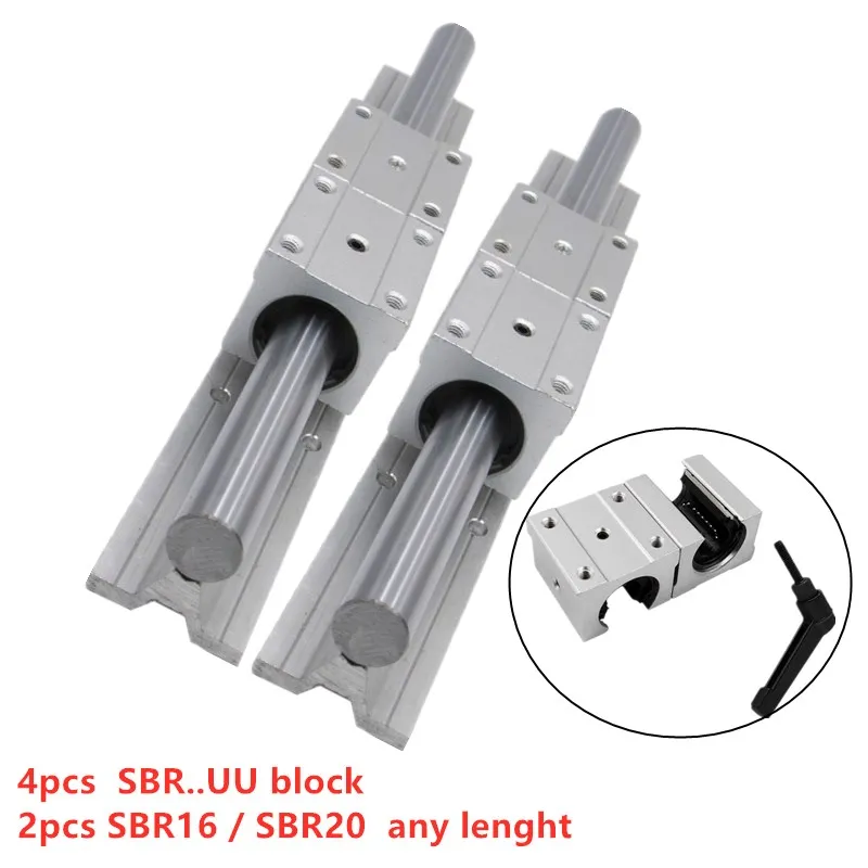 

Free shipping！2Set SBR16 SBR20 any lenght Fully Supported Linear Rail Slide Shaft Rod With 4Pcs SBR16UU or SBR20UU Bearing Block