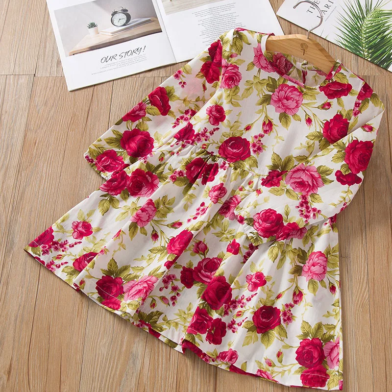 Весенне-Летнее Детское платье хлопковое и льняное без рукавов с цветочным