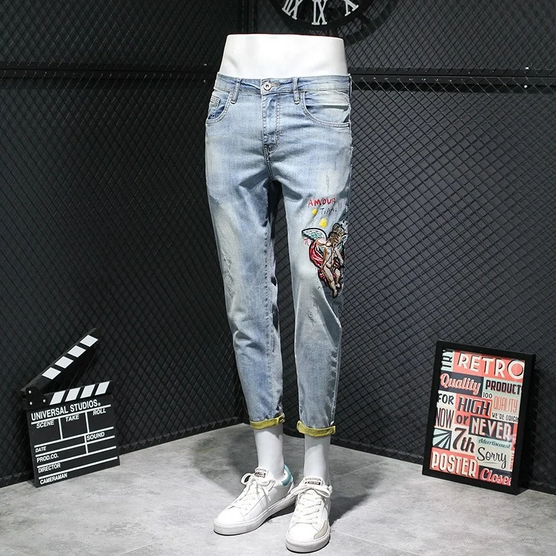 Mens Fashion Vintage Denim Pencil Pants Embroidery Jeans New Printed Slim Fit Ankle Length Trousers Streetwear Casual Jeans Man