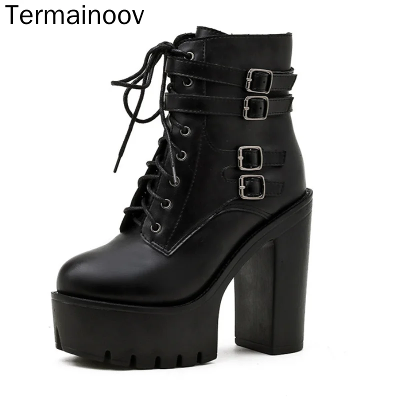 

Termainoov Women Boots Chunky Winter Boots Waterproof Platform High-heel Martin Short Boots Lace Up Buckle Big Size