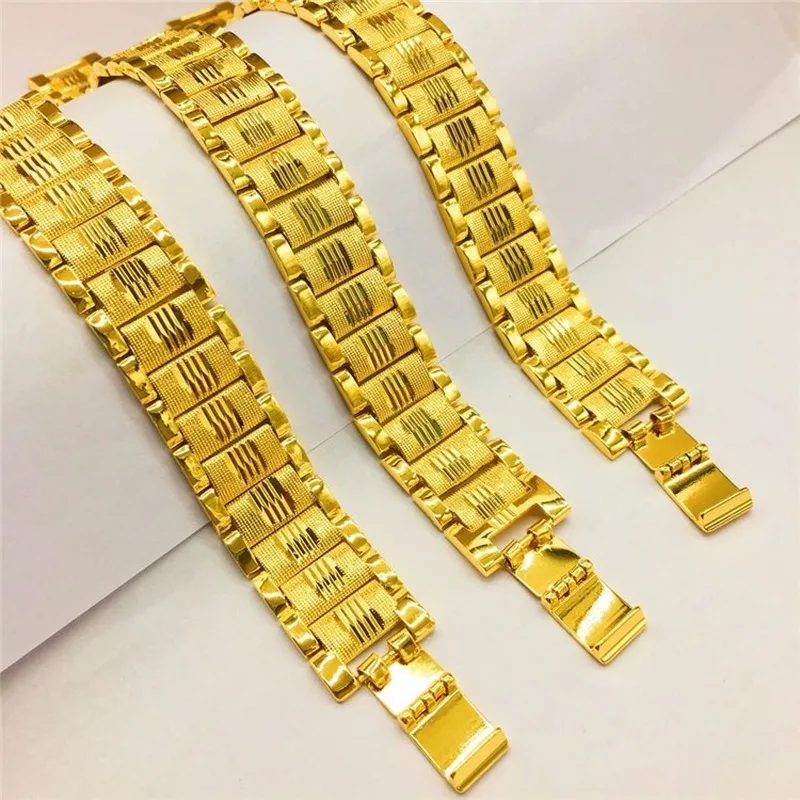 HOYON Fashion Real 18K Gold Color Bracelet for Men Charms Jewelry Luxury Push-pull Widen Watch Chain Not Fade Fine Jewelry