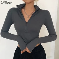 nibber solid color casual t shirt women long sleeves turtleneck crop tops sexy simple style party club 2020 spring summer new