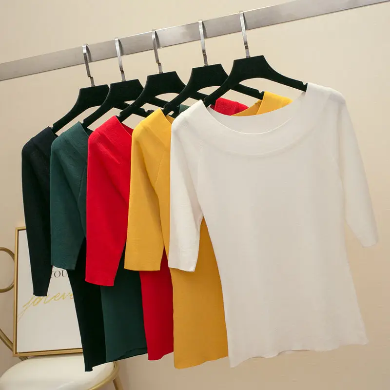 

2021 spring and summer women's wear new slim thin knitted base shirt solid low round neck ice silk short sleeve T-shirt