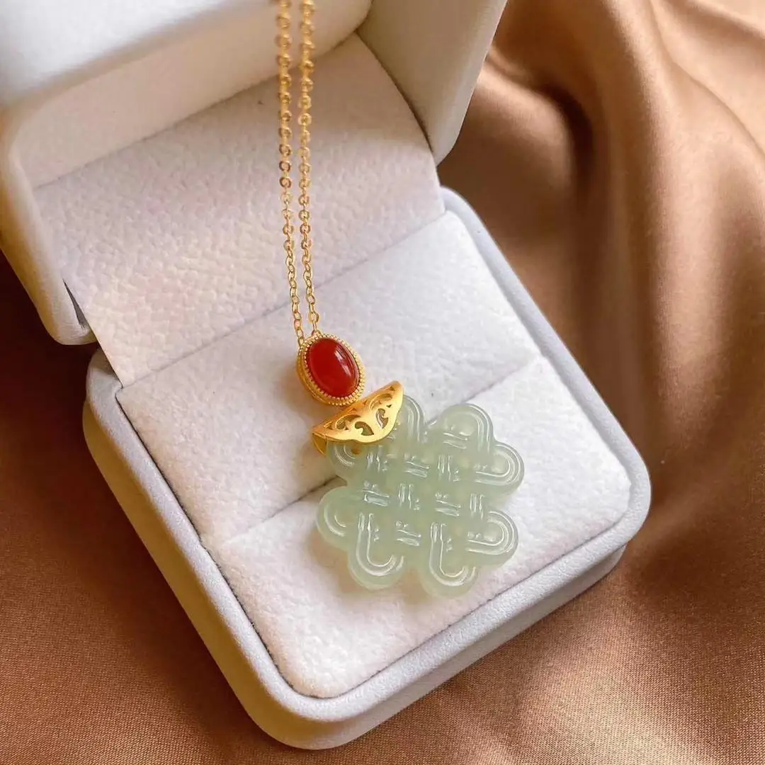 

S925 Sterling Silver Gilding Natural Full of Meat South Red Pendant Buckle Natural Hetian Jade Hollow Carved Chinese Knot Pendan