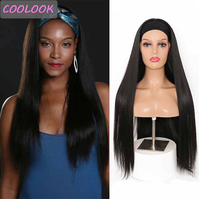 

26 дюймов длинные черные прямые парики для Для женщин в африканском стиле Американский натуральный парик с шарфом синтетического волокна го...