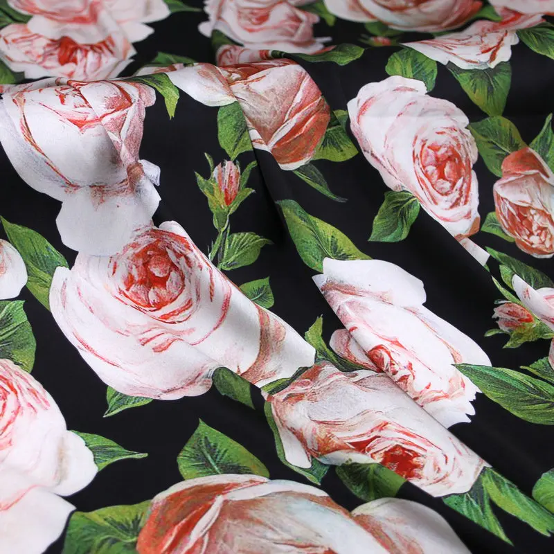 

Pink rose print polyester hang fabric soft stretch silk satin fabric for women dress sewing cloth imitate silk tissus au metre