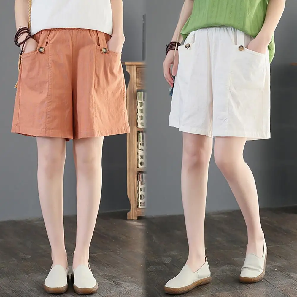

Fashion Women Solid Color Cotton Linen Elastic Waistband Pocket Loose Shorts Fifth Pants Big Size for Fat