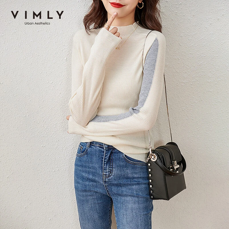 

Женский вязаный свитер VIMLY, винтажный пуловер с длинным рукавом и высоким воротником, F6873