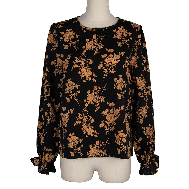 

Autumn Women Print Chiffon t Shirt Long Sleeve Crewneck Blouses Winter Fashion Loose Elegant Lantern Sleeve Chiffon t Shirts