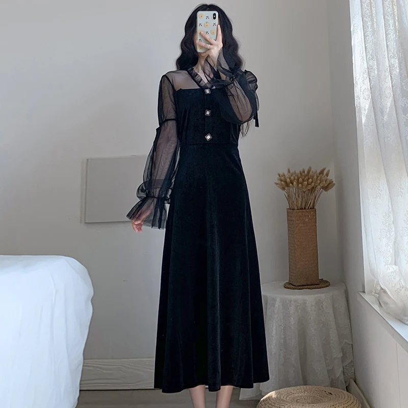 

Женское бархатное длинное платье, Осеннее винтажное черное платье с рукавами-фонариками, приталенное платье с высокой талией и сеткой