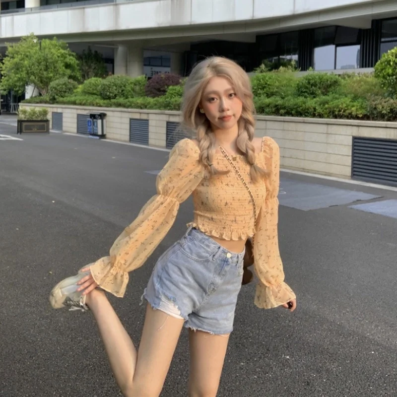 Floral Long Sleeve Shirt Chiffon Women's Sense of Design Summer 2021 New French Bubble One Shoulder Short Top | Женская одежда