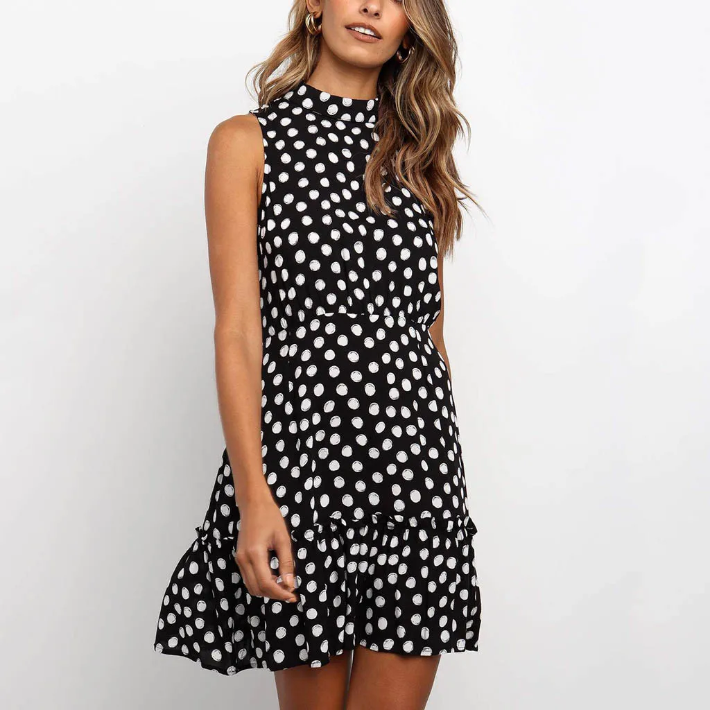 Женское шифоновое платье в горошек повседневное черное без рукавов с круглым