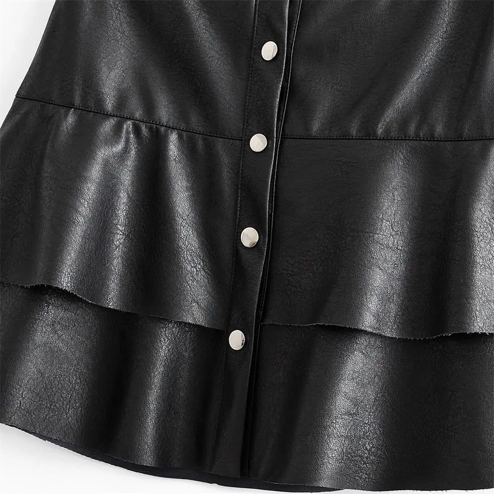 

2020 new fashion laminated ruffled decorative single-breasted high waist pu leather mini skirt skirt