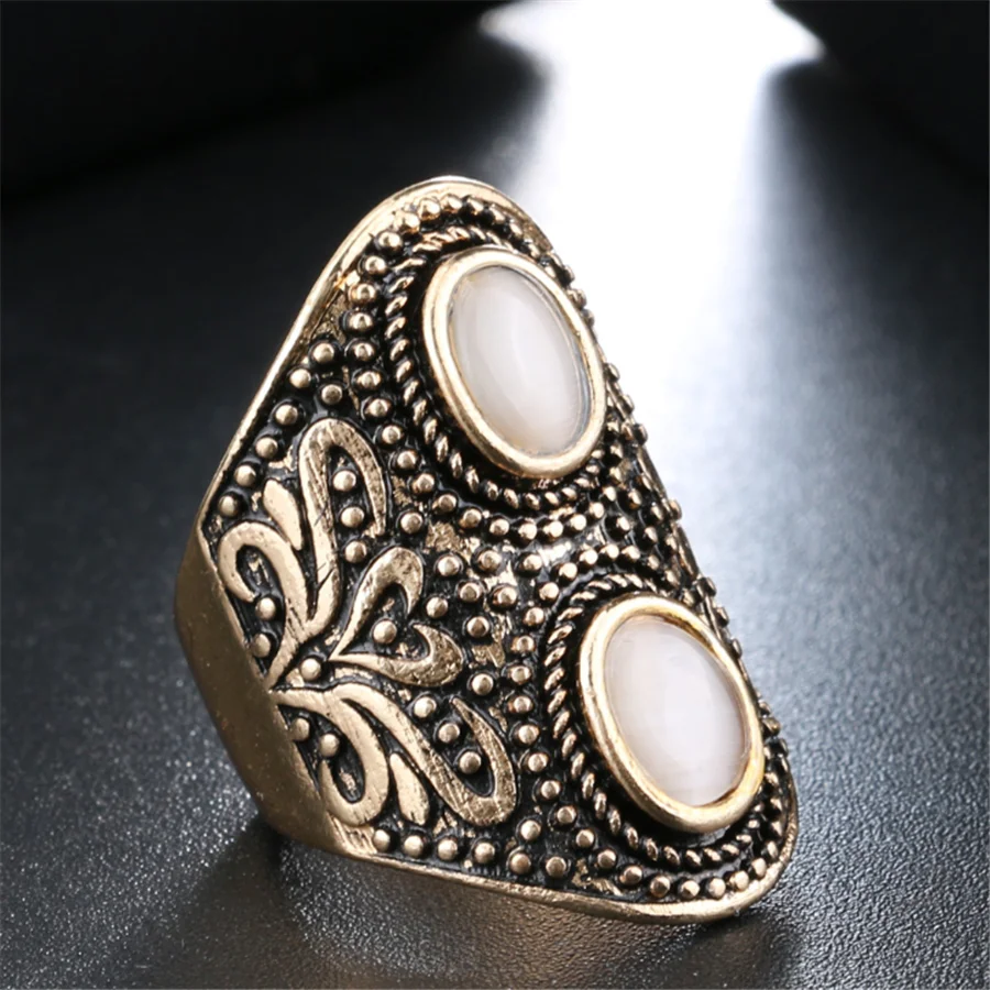 

Bohemia Luxury Opal Fashion Rings For Women Auspicious Pattern Antique Gold Beach Knuckle Midi Ring Jewelry