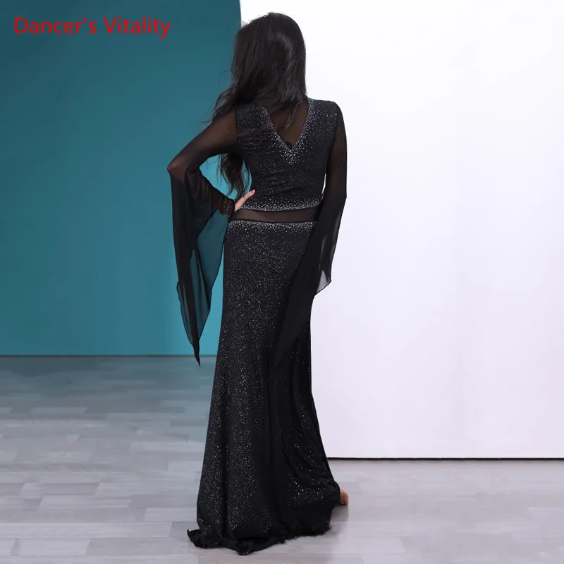 Платье для танца живота с камнями, длинная юбка из сетки и рукава "летучая мышь", взрослая одежда для выступлений в стиле Саиди балади, костюмы для танцоров.